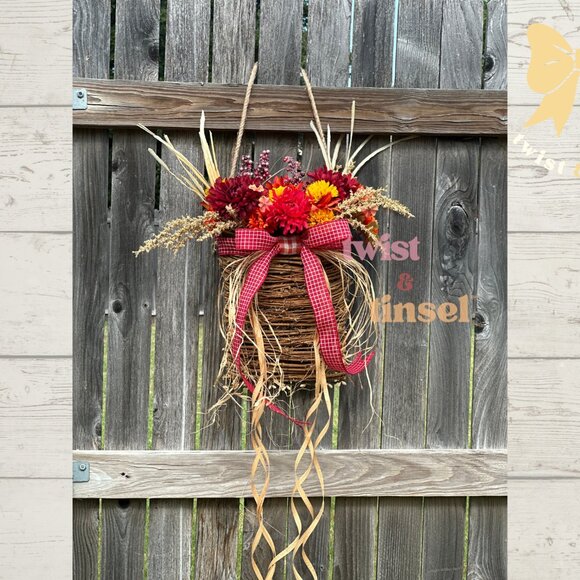 Handmade Basket Wreath with Faux Flowers & Beaded Ribbon: Year-Round Door Decor - Picture 1 of 5